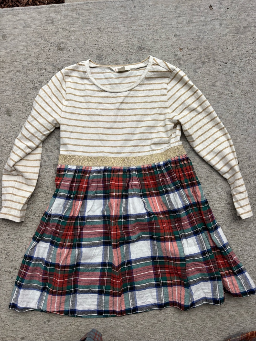 Crewcuts Cream Striped Top with Red & Green Plaid Skirt and Gold Waistband